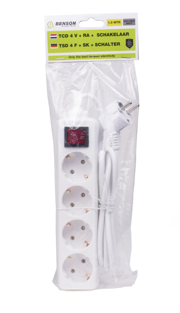 Extension socket 4-way + earth + switch 1.5 m