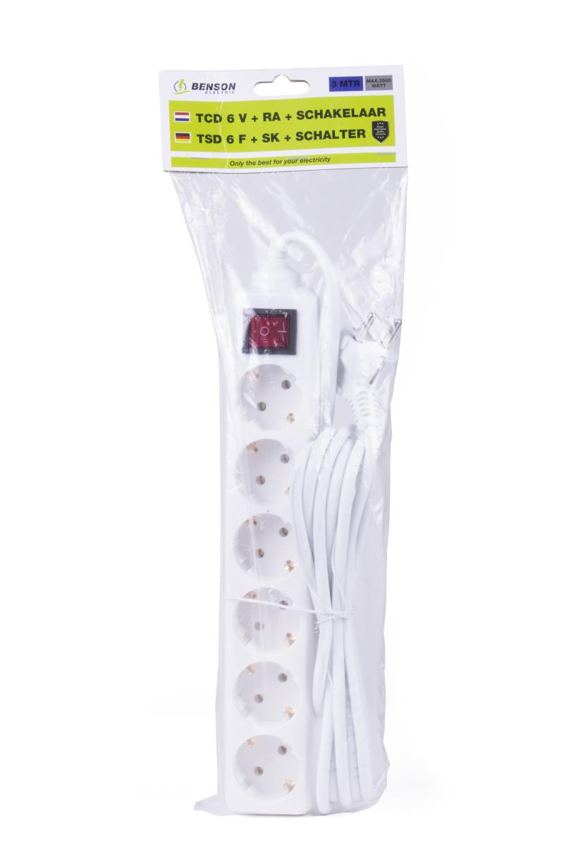 Extension socket 6-way + earth + switch 3.0 m