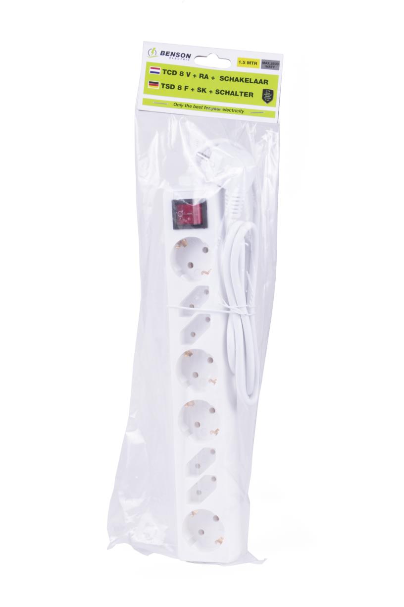 Extension socket 8-way + earth + switch 1.5 m