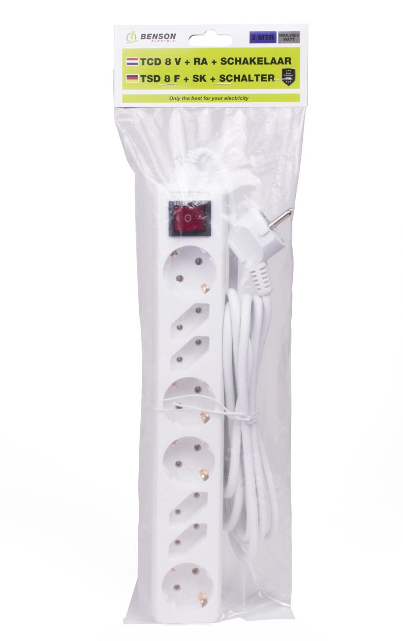 Extension socket 8-way + earth + switch 3.0 m