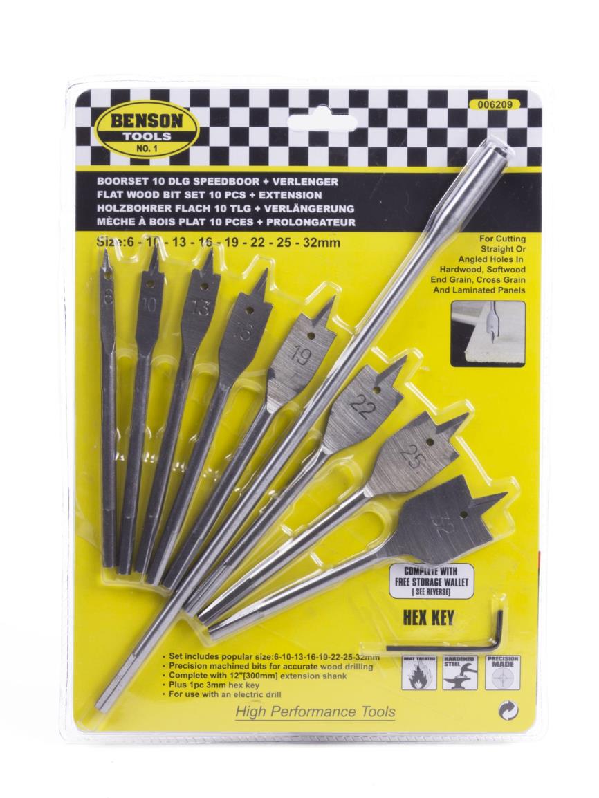 Flat wood bit set 10 pcs + extension