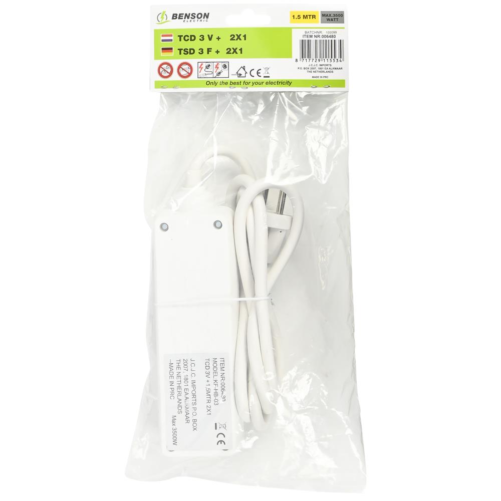 Stekkerdoos 3-voudig 2X1.5 mm + 1.5 mtr