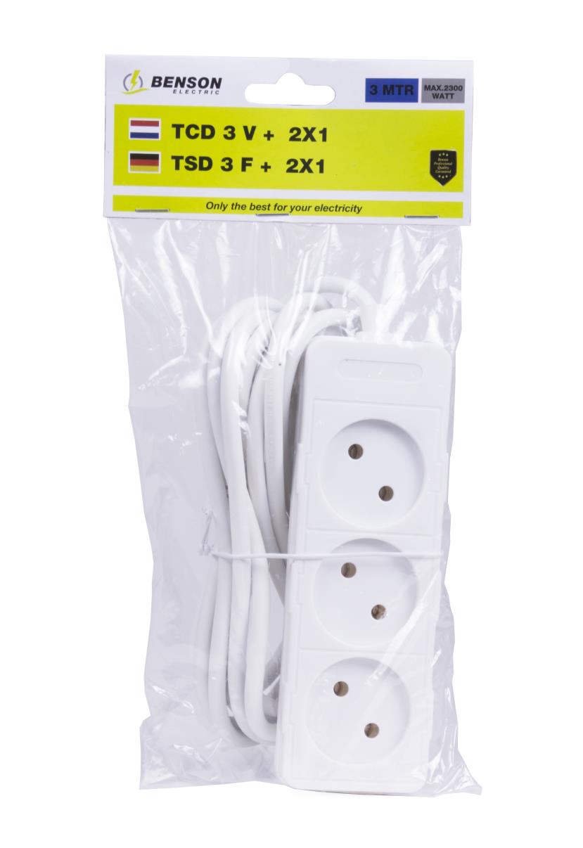 Stekkerdoos 3-voudig 2X1.0 mm + 3.0 mtr