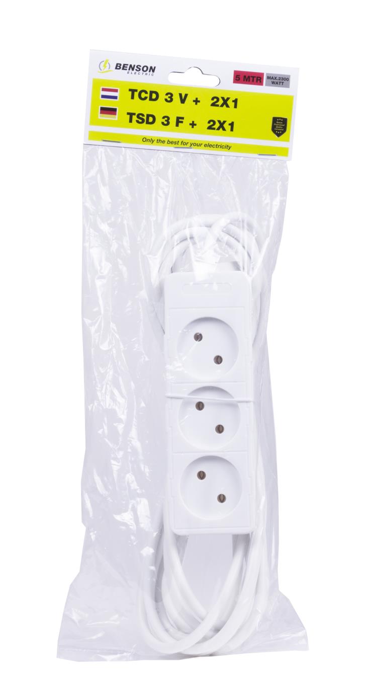 Stekkerdoos 3-voudig 2 x 1.0 + 5.0 mtr