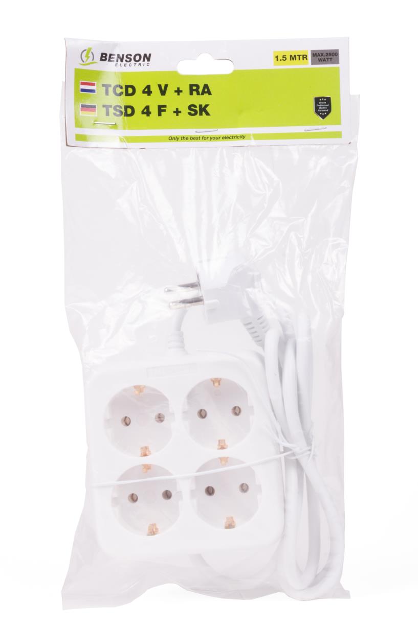 Extention socket 4-way + earth + 1.5 m square