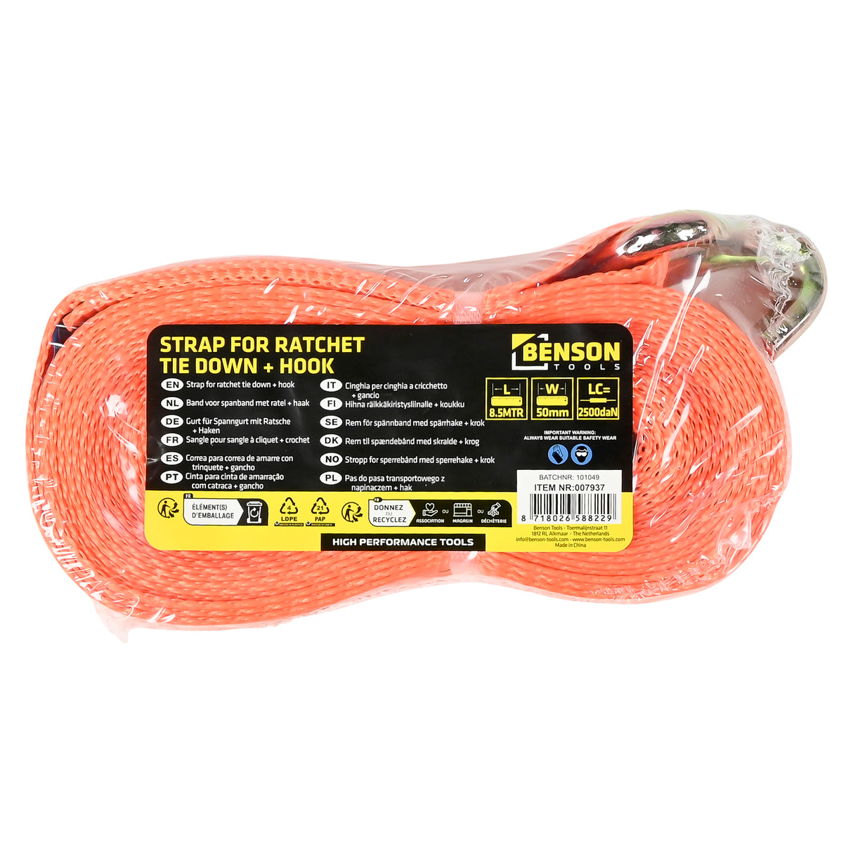 Strap for ratchet tie down + hook 8.5 m 5 tons