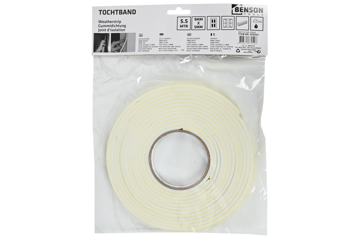 Tochtband foam 9 x 5 mm 5.5 mtr wit