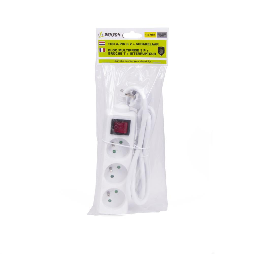 Socket type E 3-way + switch 1.5 m white