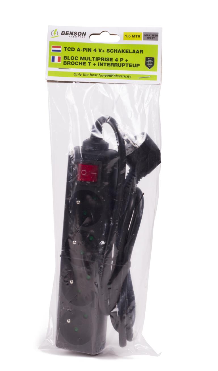 Prise type E 4 voies + interrupteur 1,5 m noir