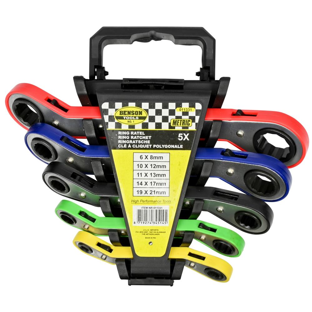 Clé à cliquet polygonale avec support 5 pcs métrique