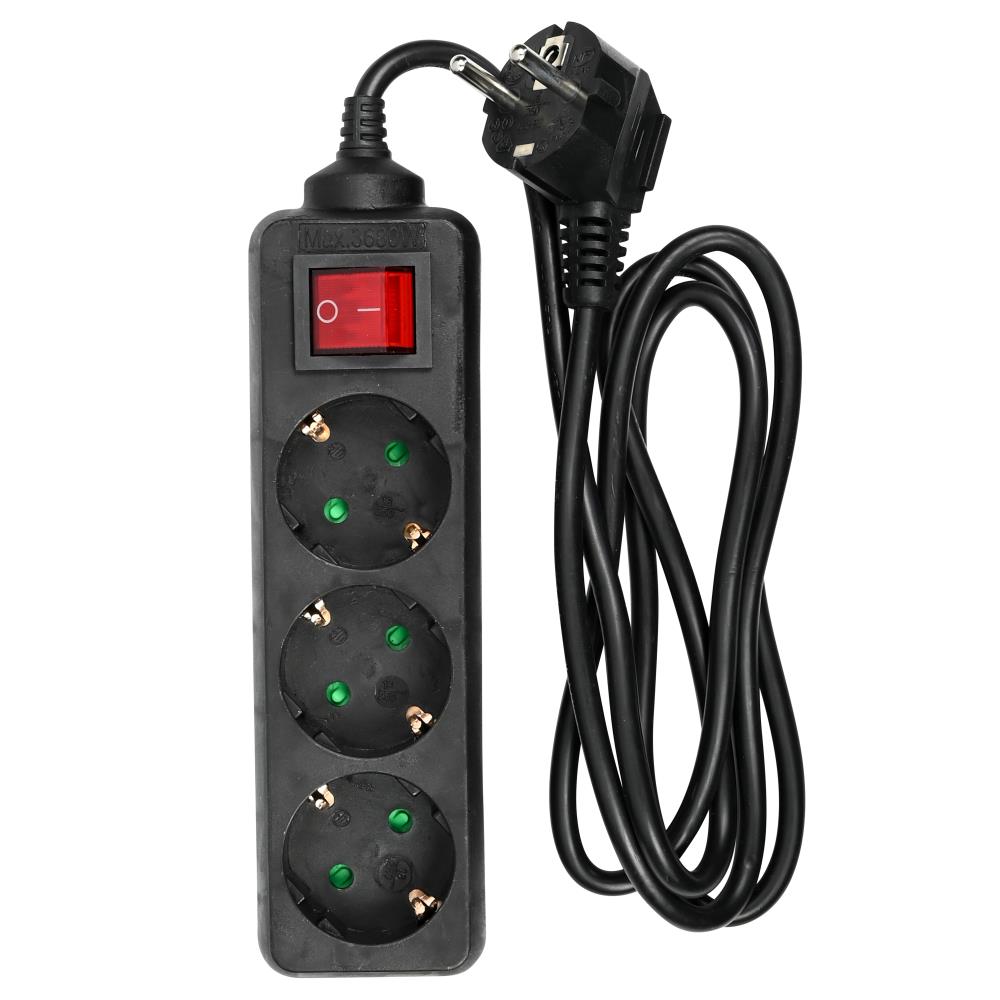 Extension socket 3-way + earth + switch 1.5 m black