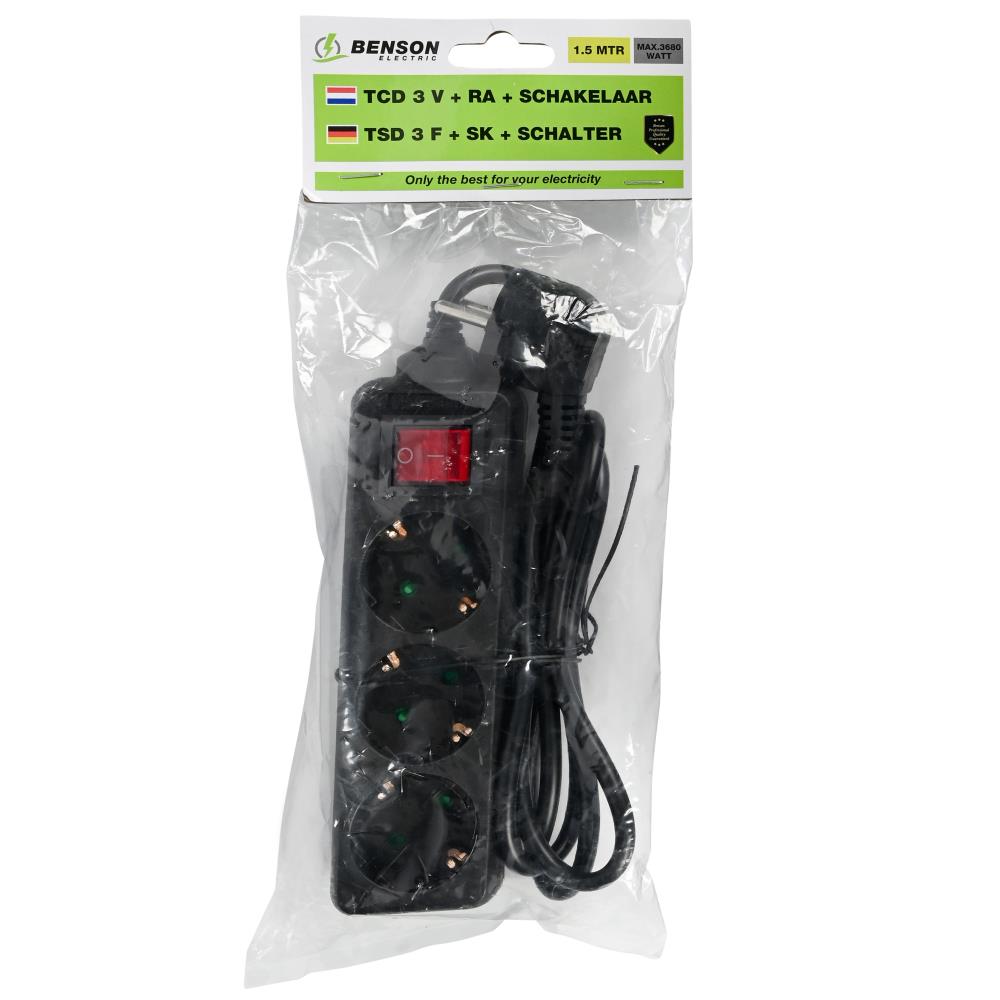 Extension socket 3-way + earth + switch 1.5 m black