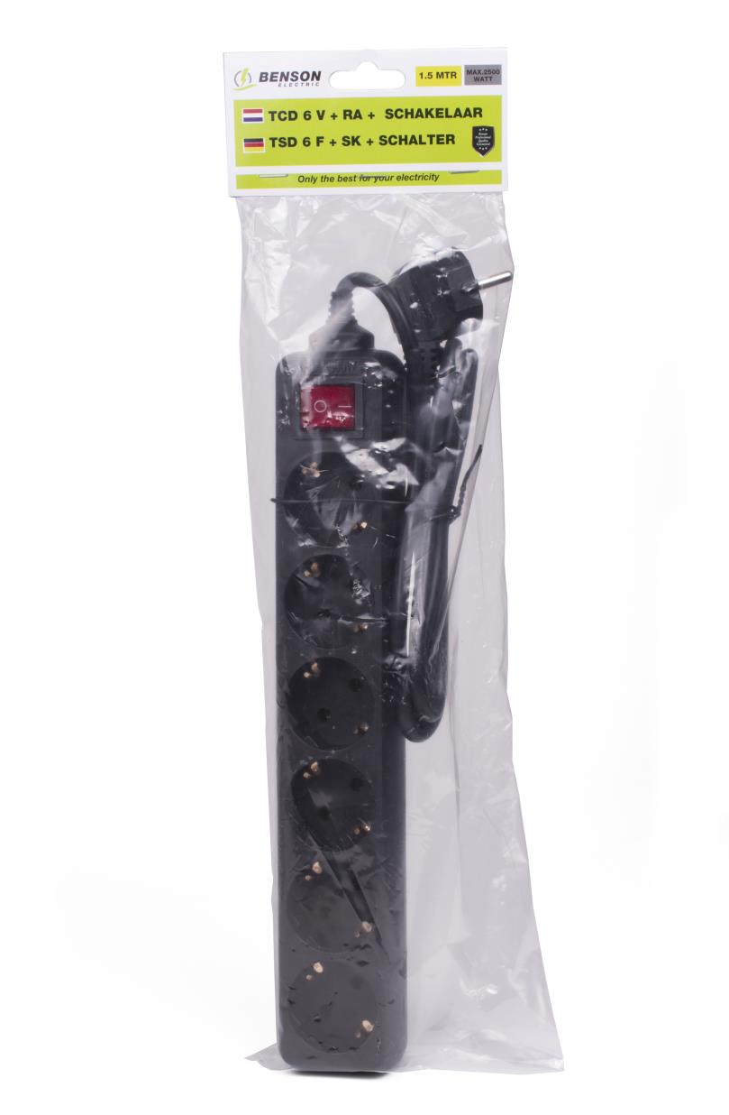 Bloc multiprise 6 prises + terre + interrupteur 1,5 m noir