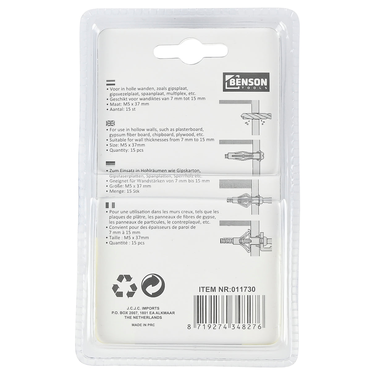Hollewand ankers M5 x 37 mm 15 dlg