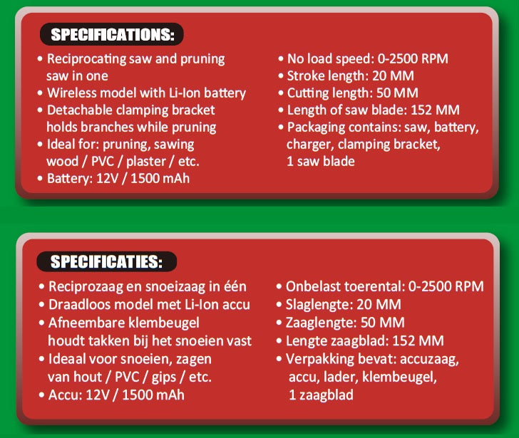 Accu recipro-snoeizaag 12V 1500 mAh li-ion