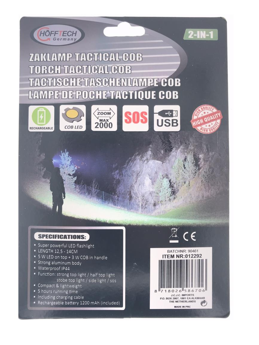 Torch tactical 5W LED + 3W COB 2-in-1 rechargeable