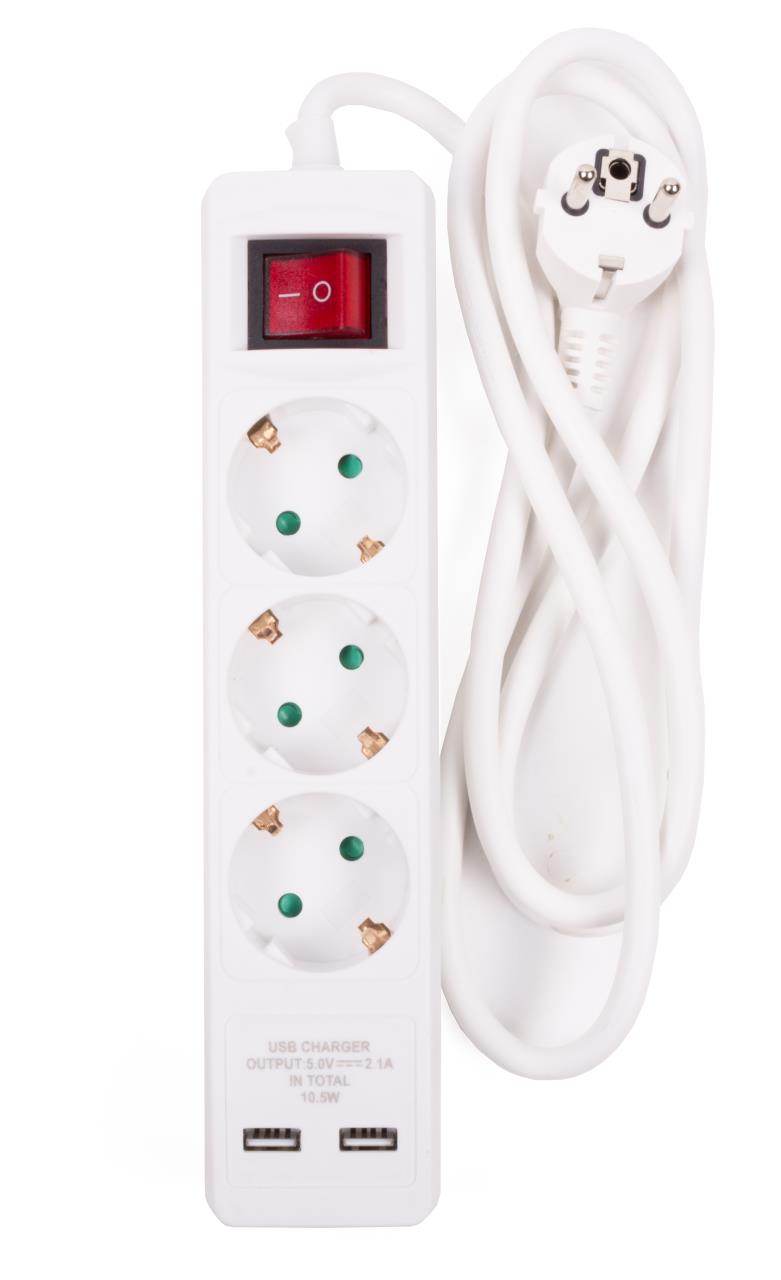 Stekkerdoos 3-voudig + RA 3X1.5 + schakelaar + 2 x USB + 1.5 mtr