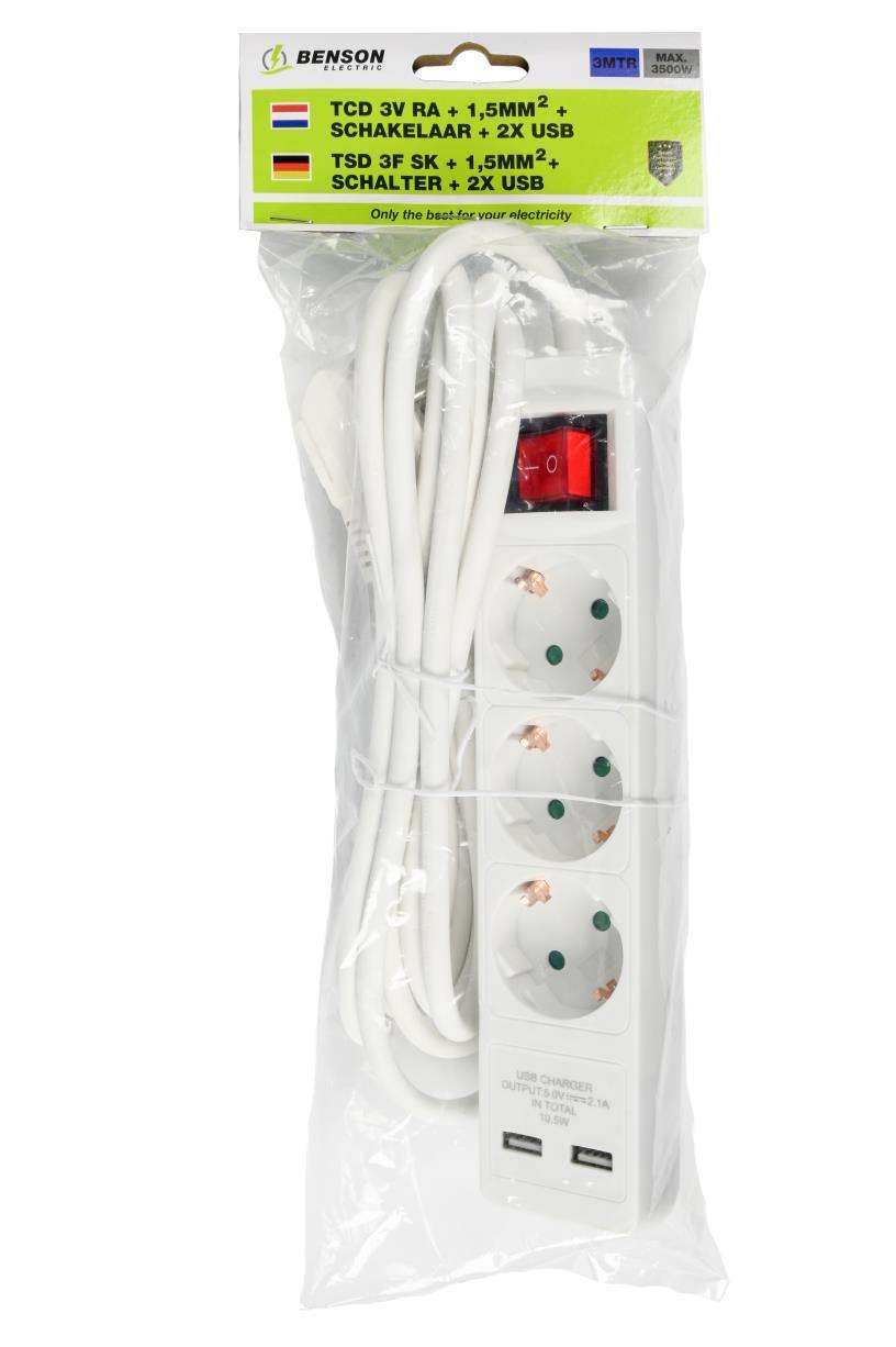 Stekkerdoos 3-voudig + RA 3X1.5 + schakelaar + 2 x USB + 3 mtr