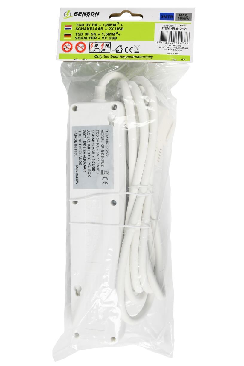 Stekkerdoos 3-voudig + RA 3X1.5 + schakelaar + 2 x USB + 3 mtr