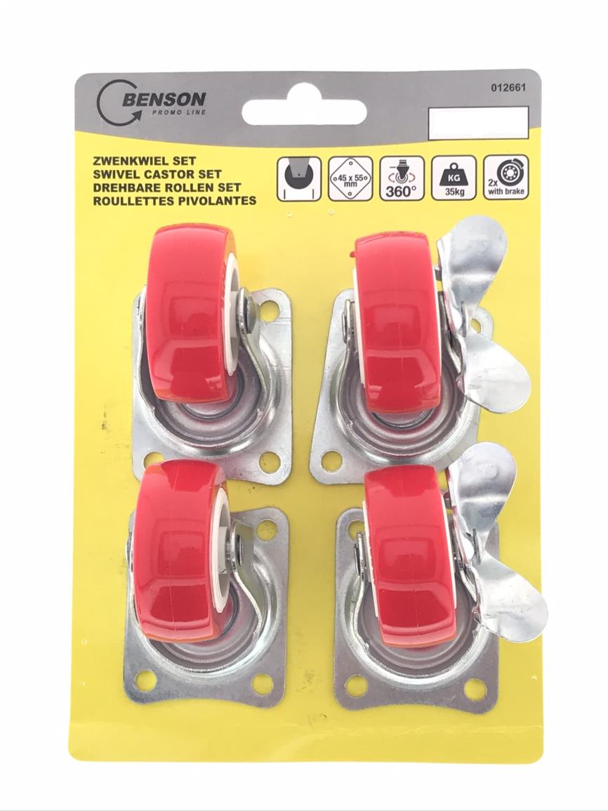 Swivel castor set 50 mm red 4 pcs 2x with break