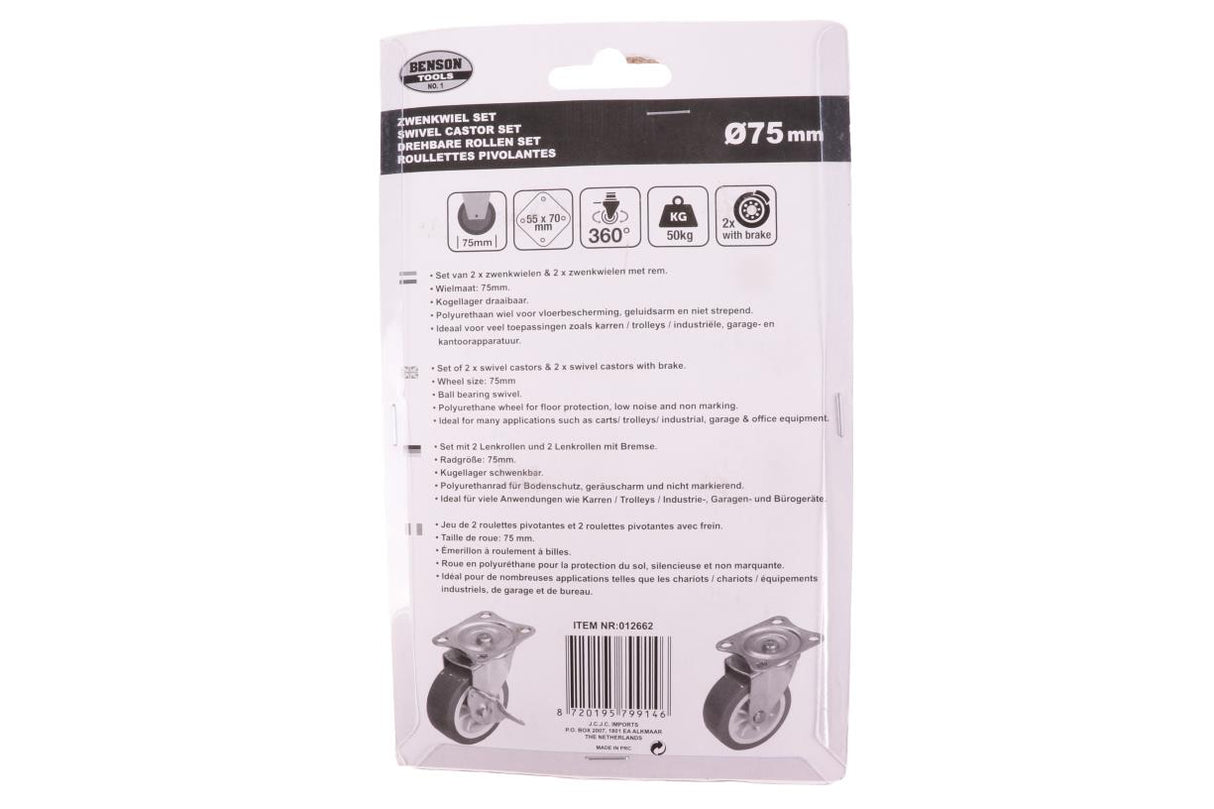 Swivel castor set 75 mm red 4 pcs 2x with break