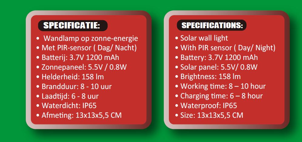 Wandlamp plat solar LED + pir sensor IP65