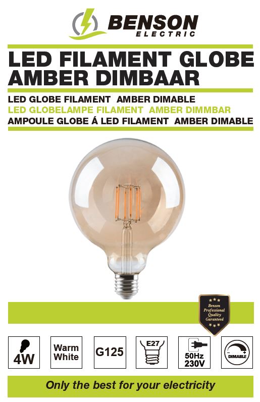LED lamp globe filament G125 4W E27 amber dimbaar