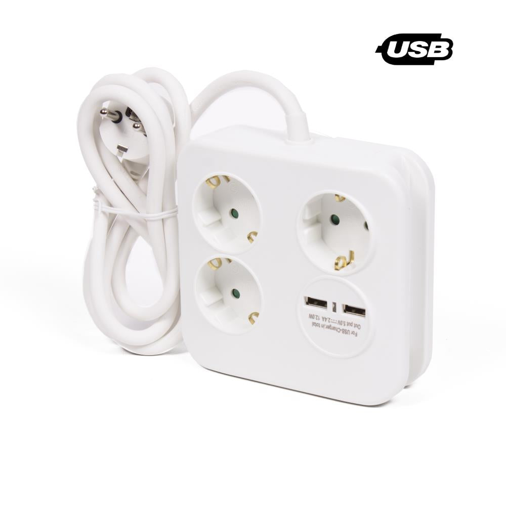 Extension socket 3-way + earth + 2 USB 2.4a 1.5 m square