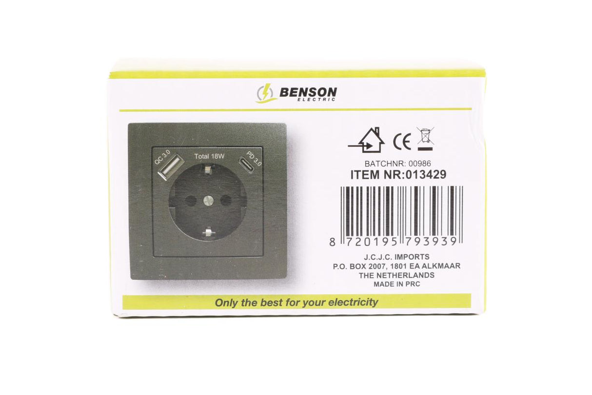 Prise de terre encastrable avec USB-A/C noir