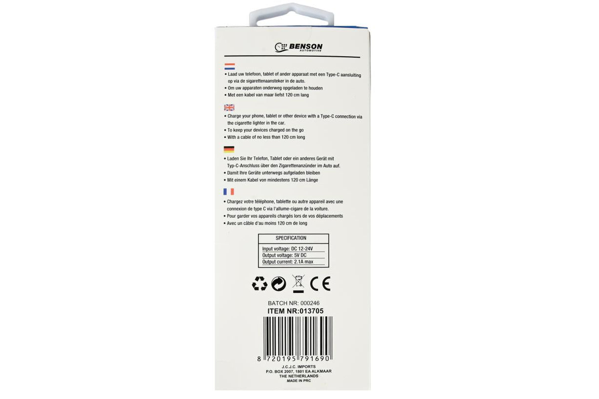 Autolader type-c kabel 1.2 mtr 12-24V