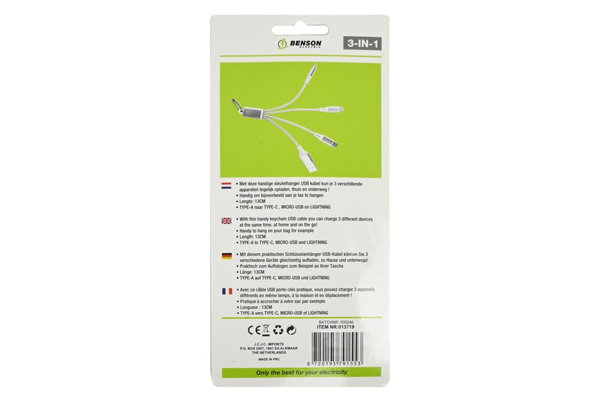USB kabel 3-in-1 sleutelhanger 13 cm