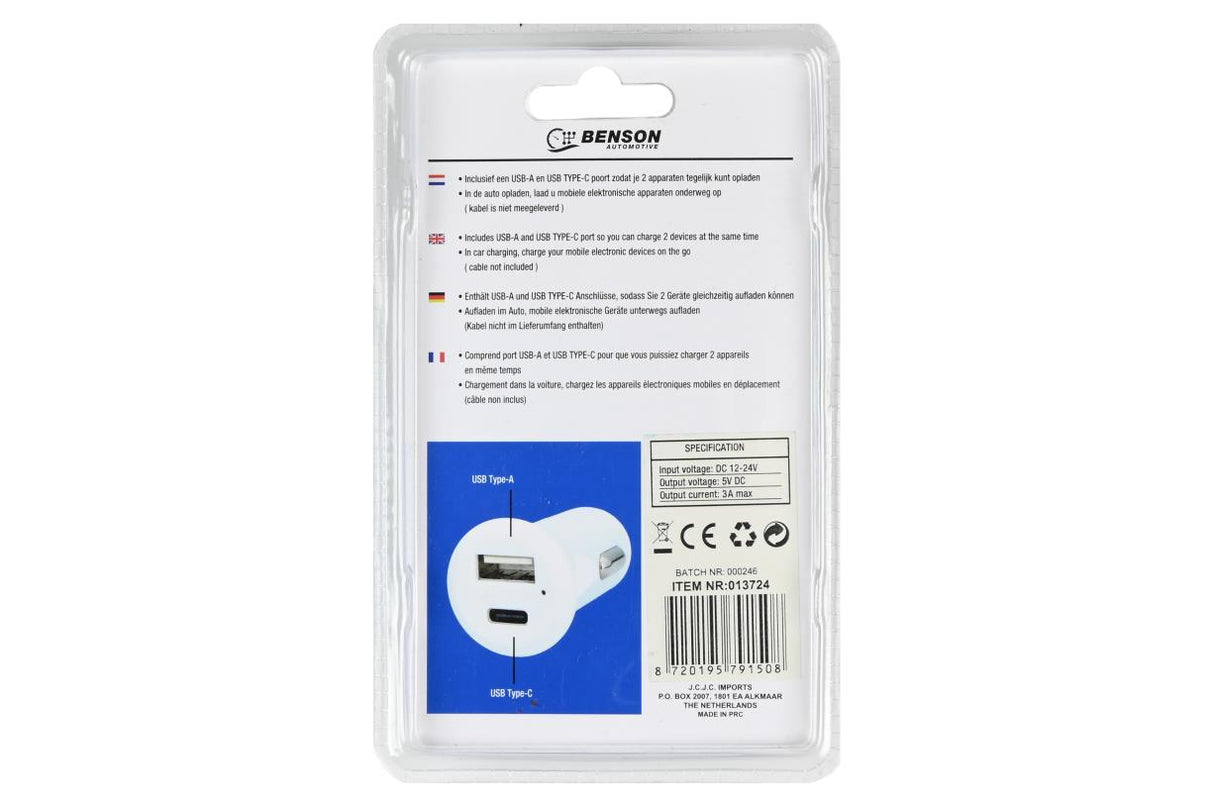 Autolader USB A + USB C 3A 12-24V