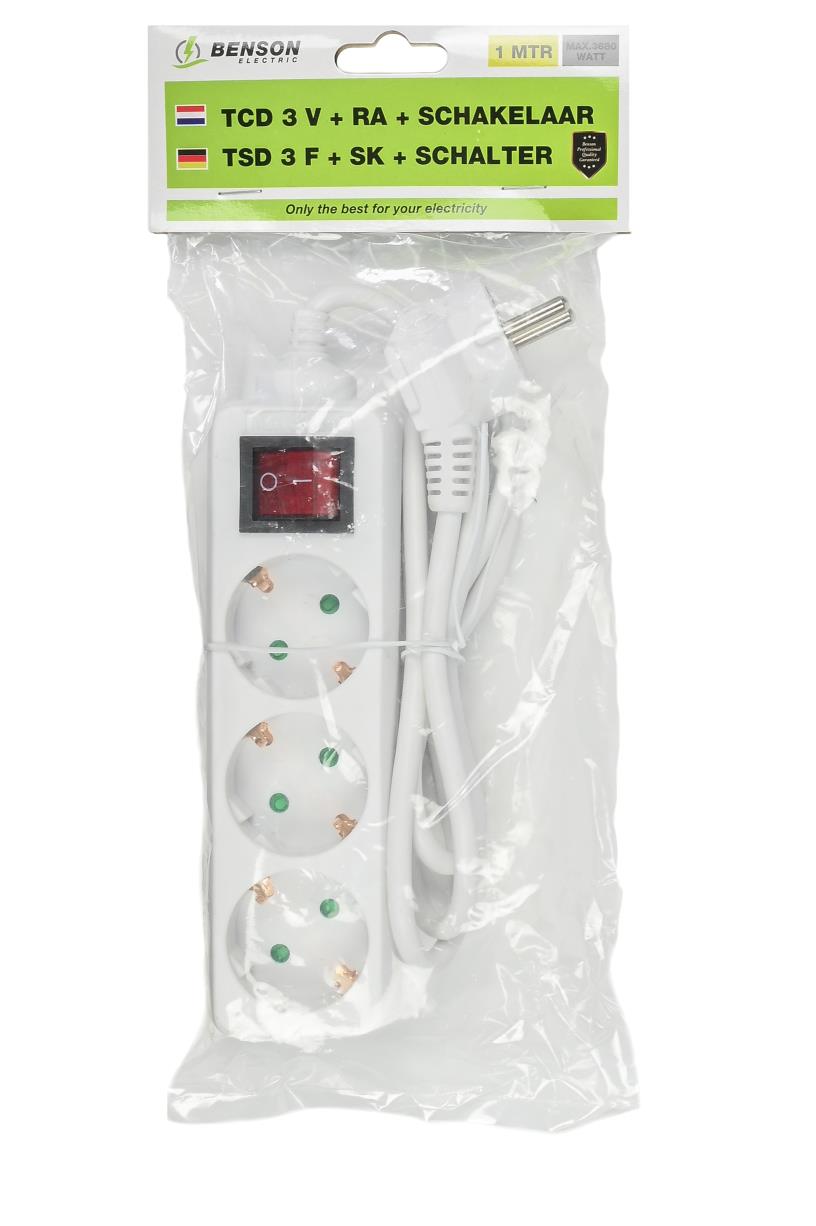Extension socket 3-way + earth + switch 1 m