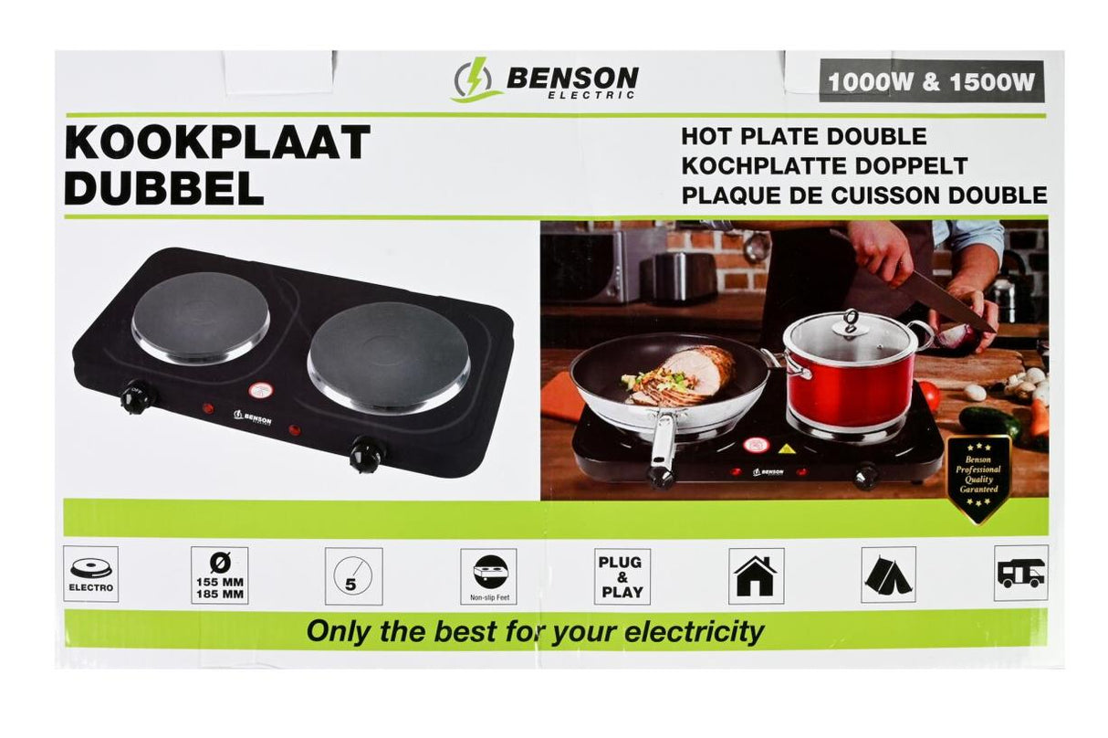 Kookplaat dubbel zwart 1000/1500W