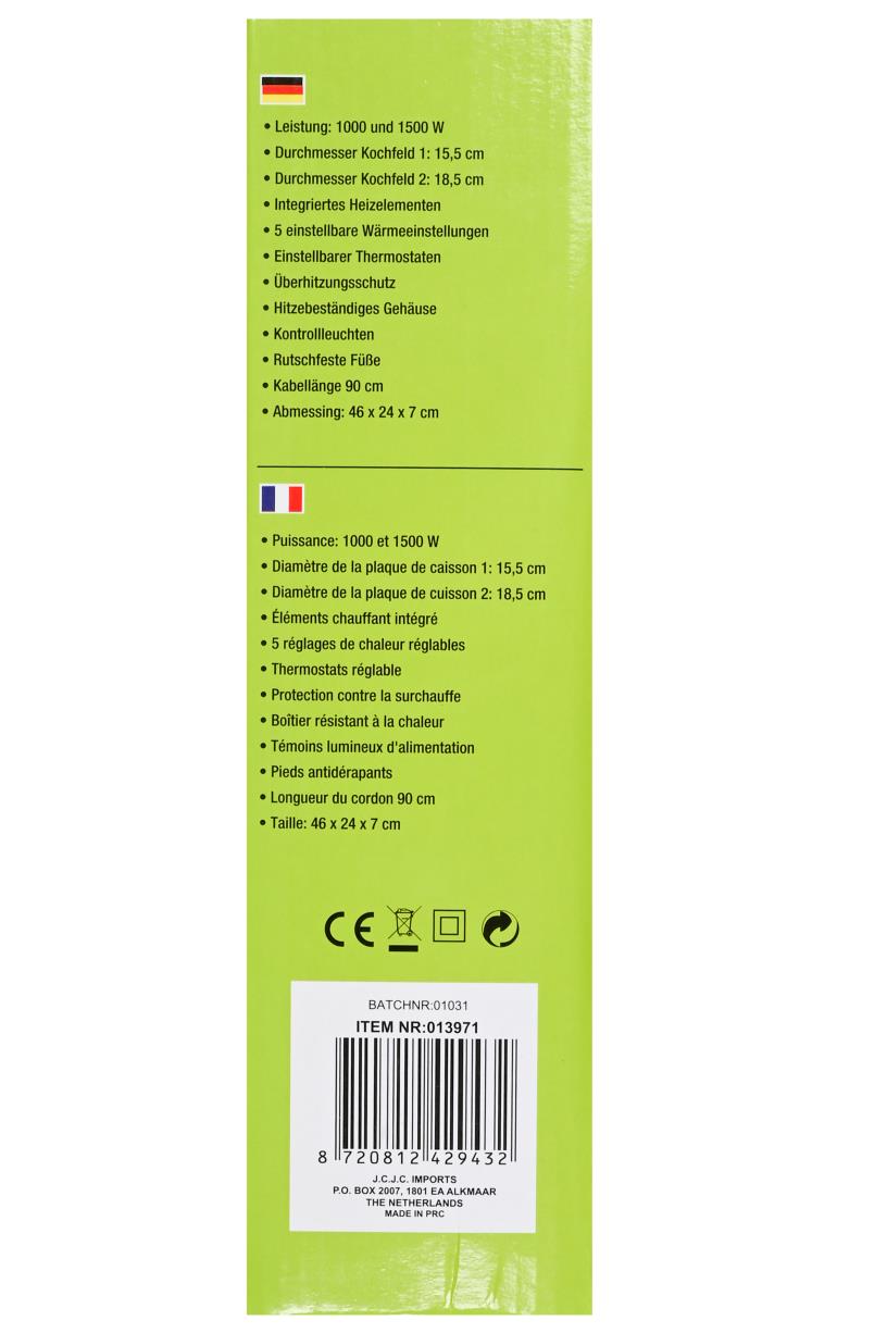 Kookplaat dubbel zwart 1000/1500W