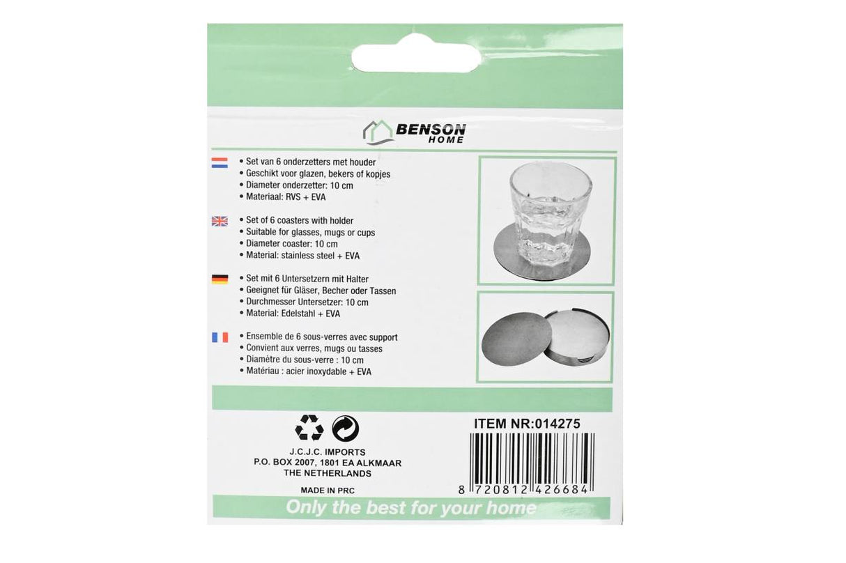 Onderzetters zilver RVS 10 cm 6 dlg + houder