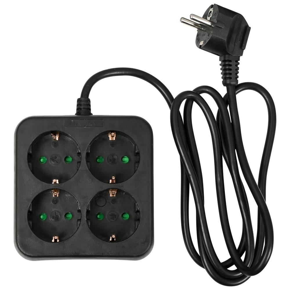 Stekkerdoos 4-voudig + RA + 1.5 mtr vierkant zwart