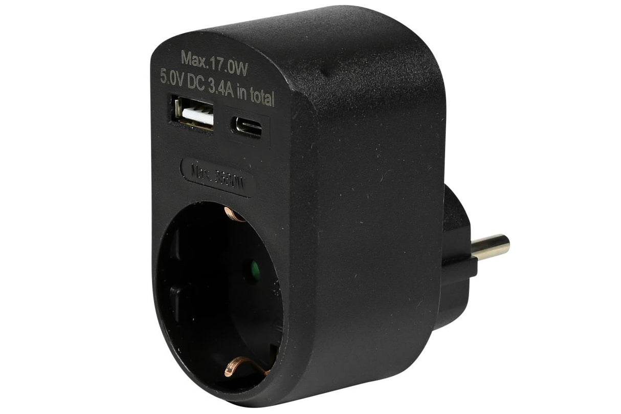 Socket with USB-A and USB-C charger black
