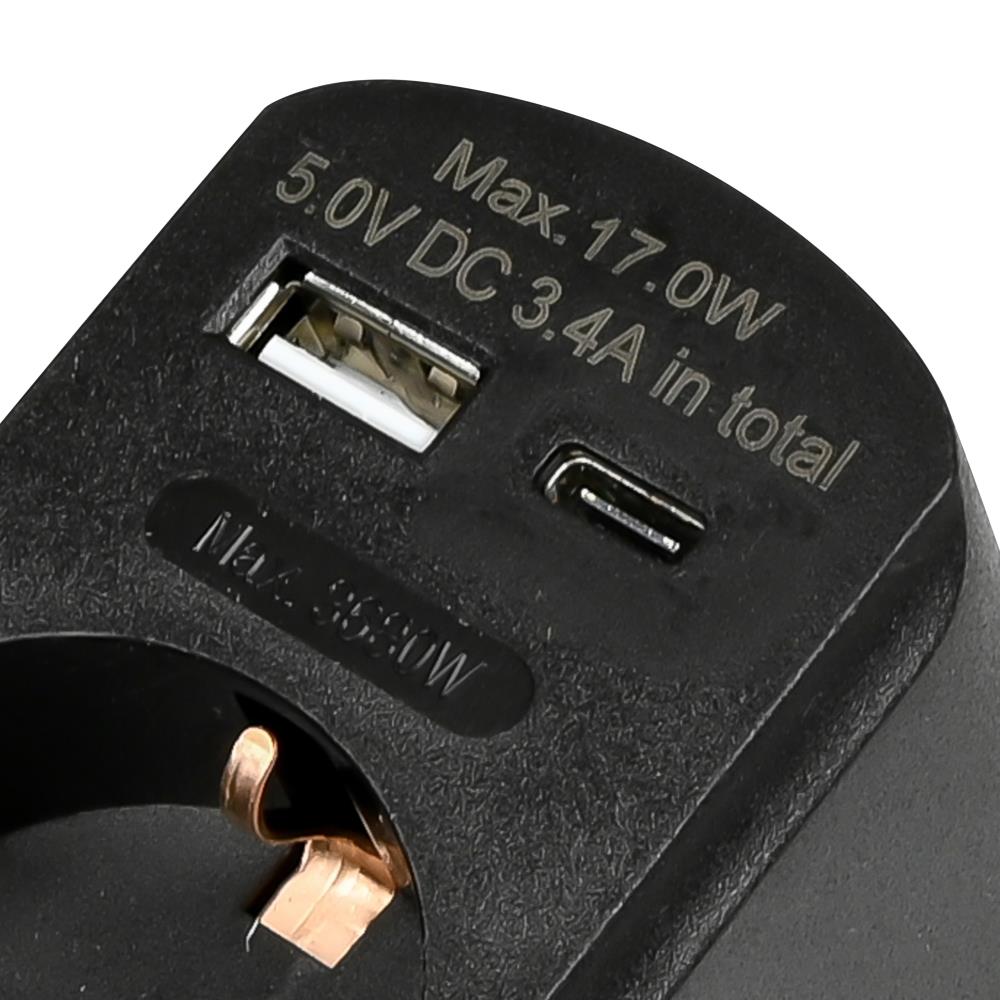Socket with USB-A and USB-C charger black