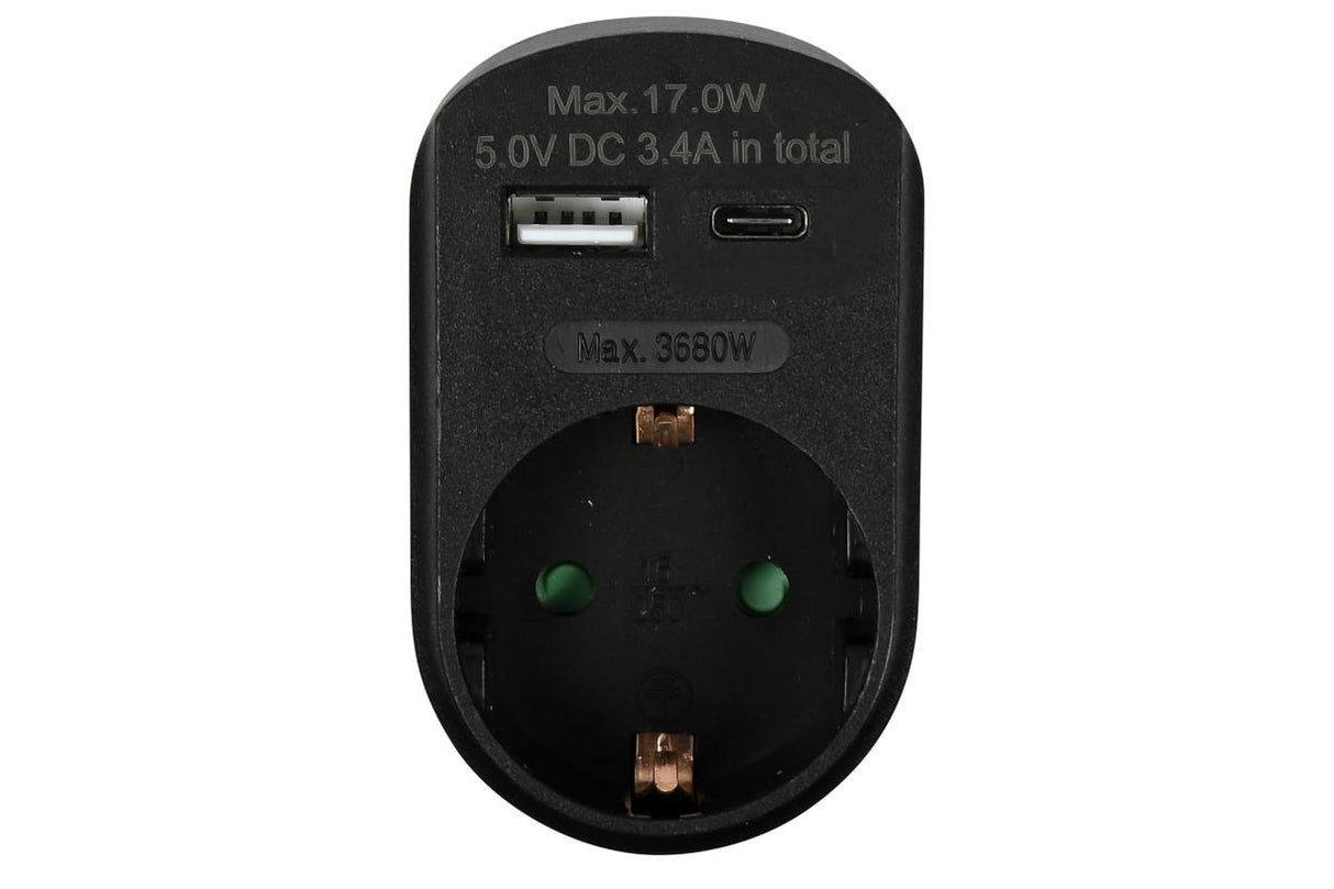 Socket with USB-A and USB-C charger black