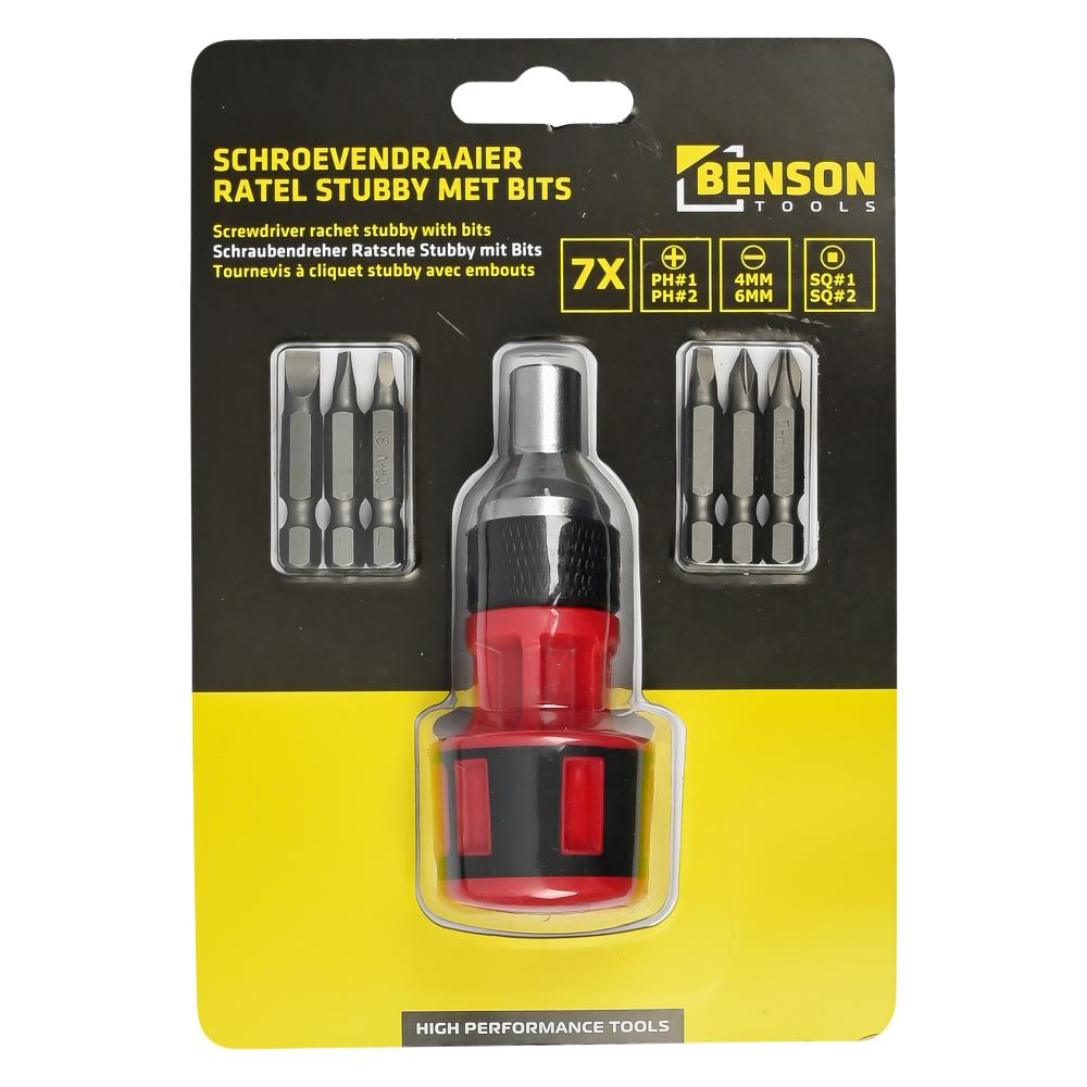 Schroevendraaier ratel stubby met bits 7 dlg