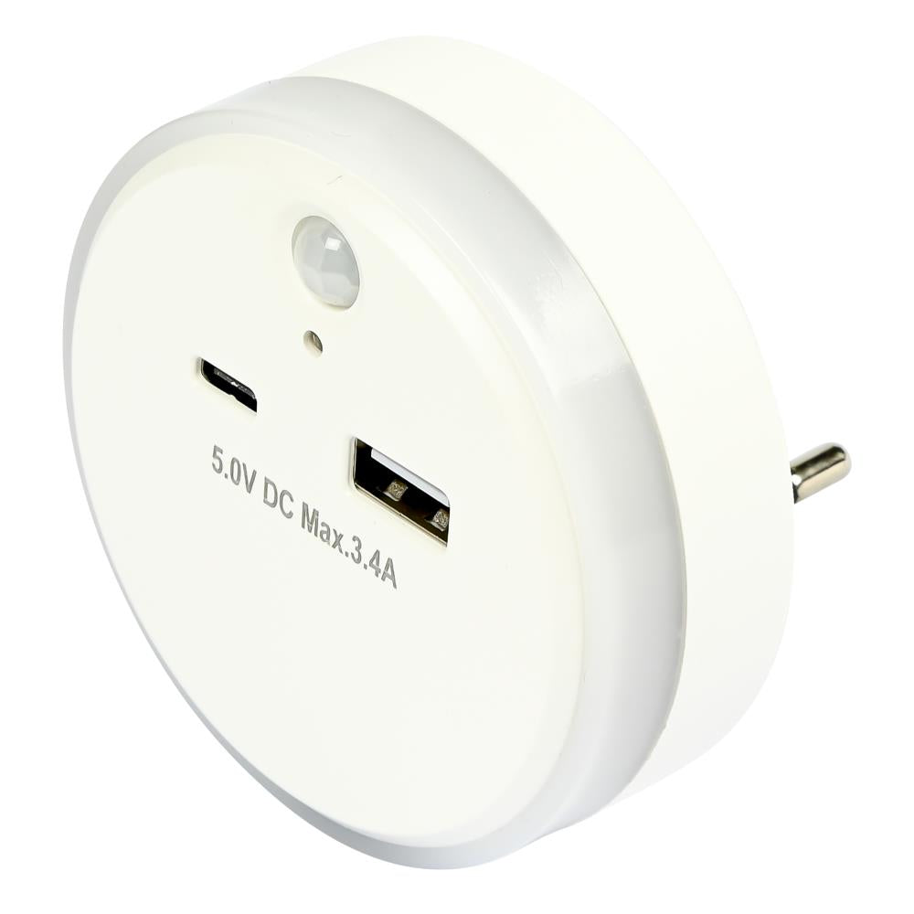 Veilleuse à détecteur USB-A et USB-C avec capteur jour/nuit + PIR