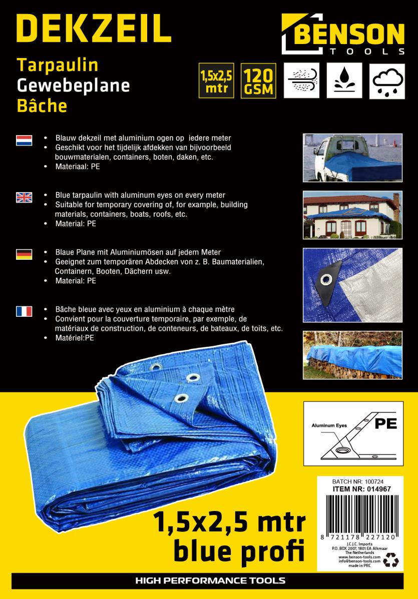 Dekzeil 1,5 x 2,5 mtr blauw profi