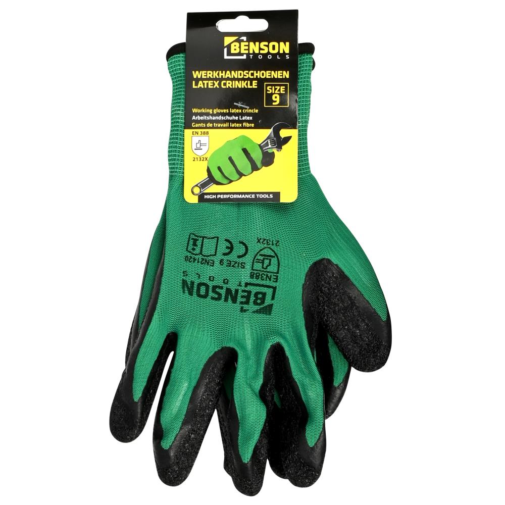 Working gloves latex crinkle green black size 9