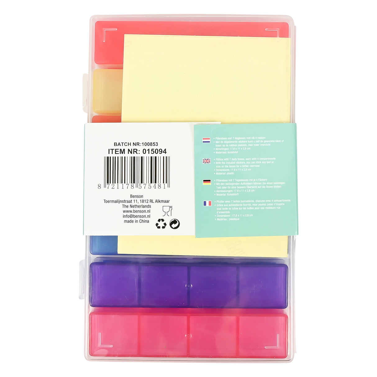Pill box 7 days, 4 removable compartments