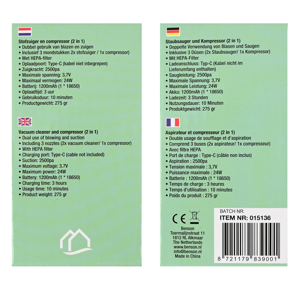 2-in-1 Stofzuiger en compressor mini 1200 mAh