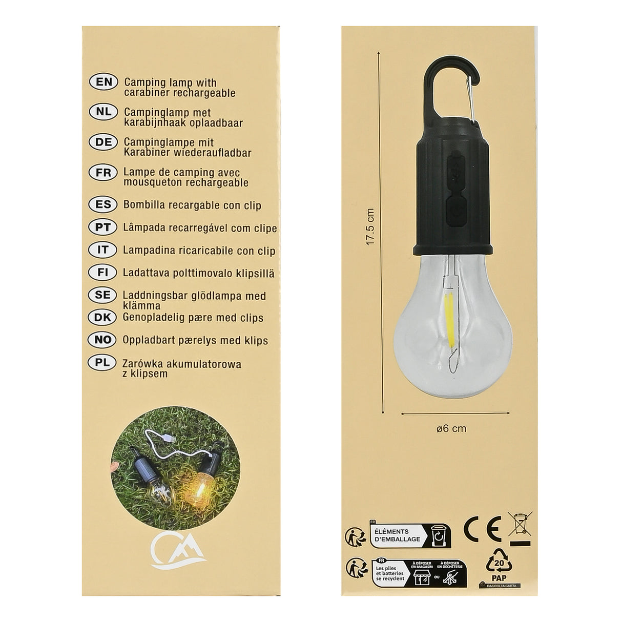 Runde Campinglampe mit wiederaufladbarem Karabiner
