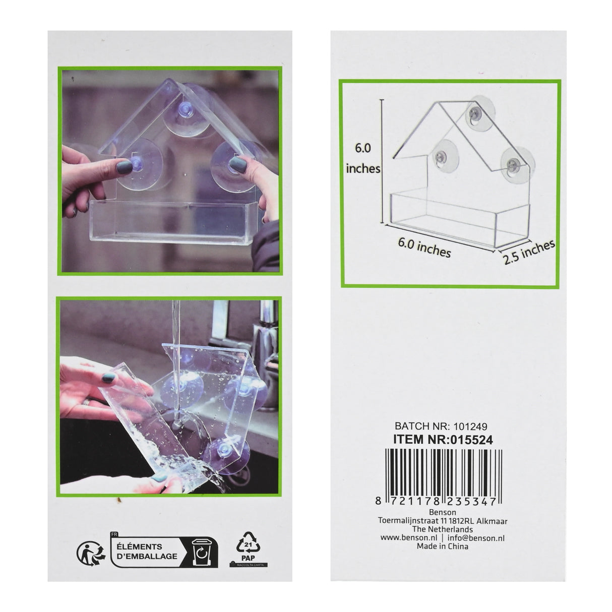 Support à nourriture pour oiseaux avec ventouse transparent 14 x 10,5 x 22,5 cm