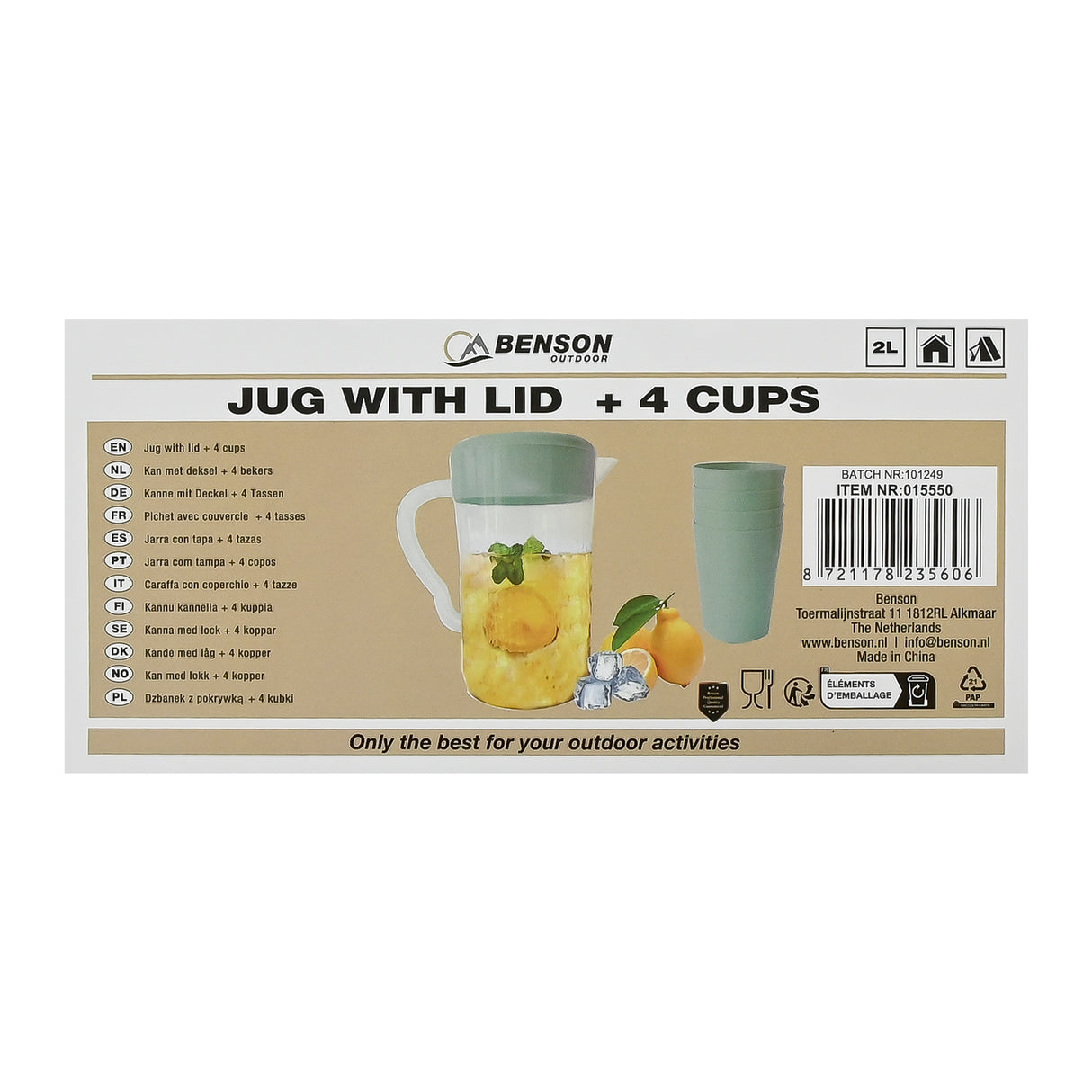 Pichet avec couvercle 2 litres + 4 tasses transparent