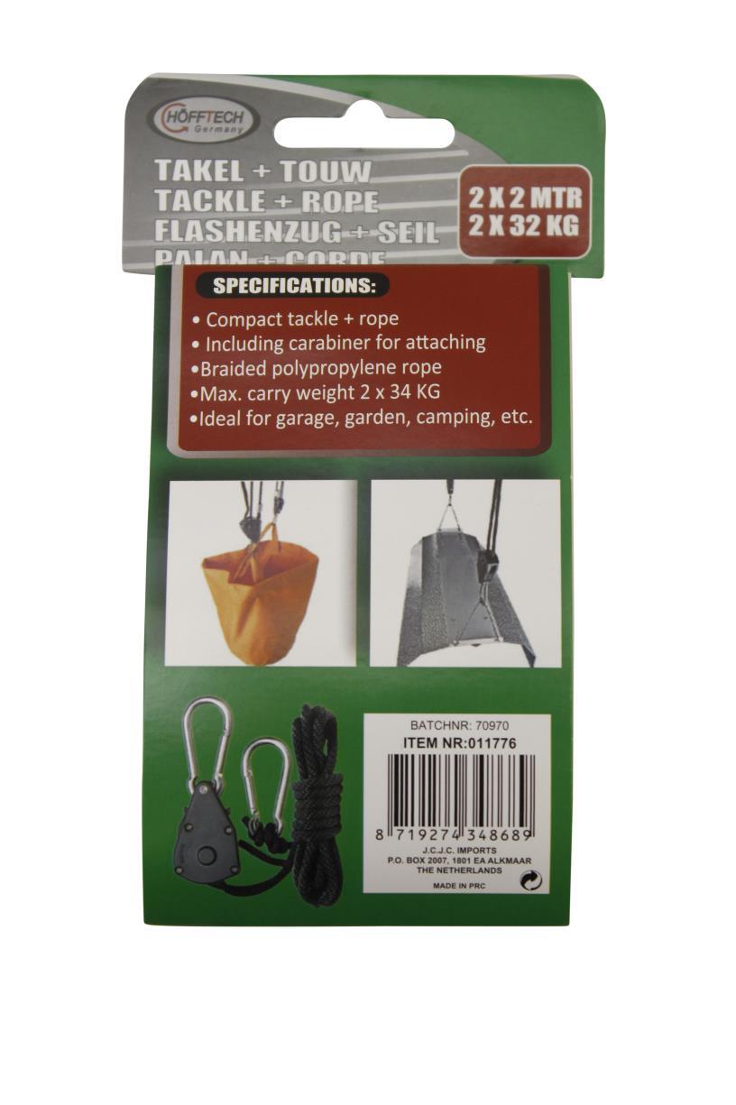 Takel + touw 2 dlg 2 mtr 68 kg (2 x 34 kg)